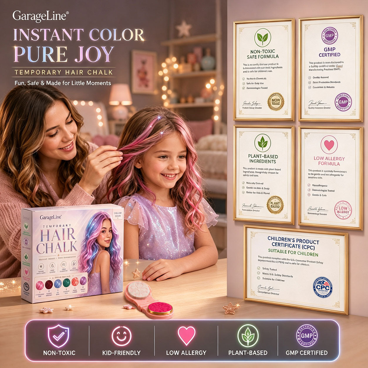 GarageLine® UV-Reactive Temporary Hair Chalk — Instant Color by Day, Glow Under Party Lights