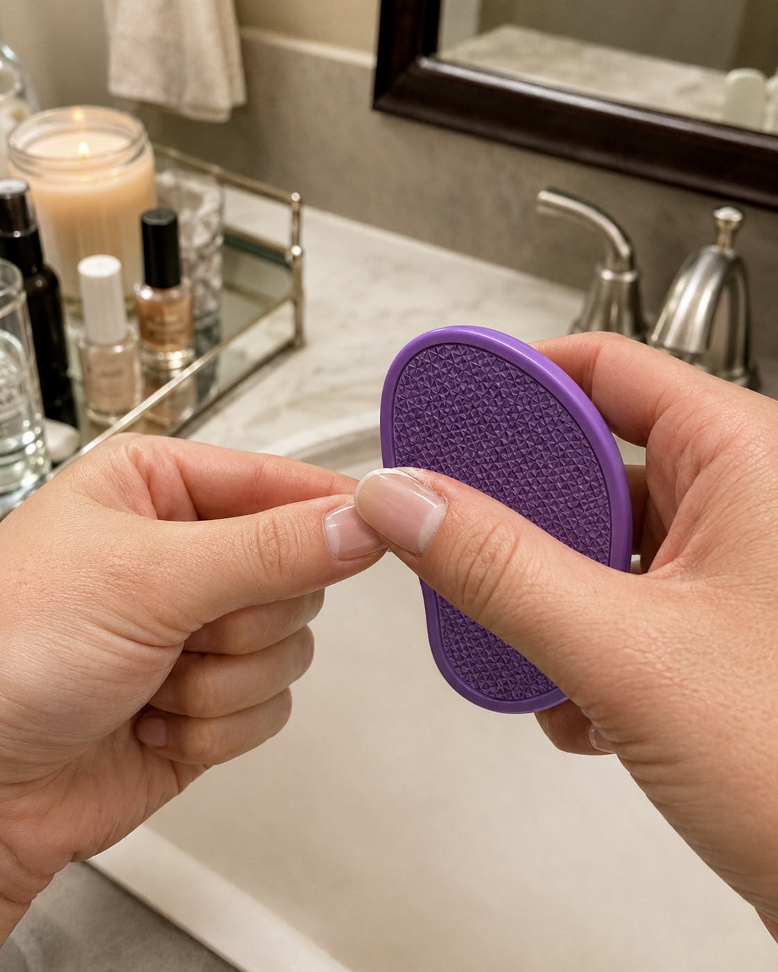 American woman using Jurevon for a simple nail edge touch-up at a home vanity