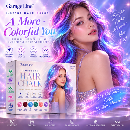 GarageLine® UV-Reactive Temporary Hair Chalk — Instant Color by Day, Glow Under Party Lights