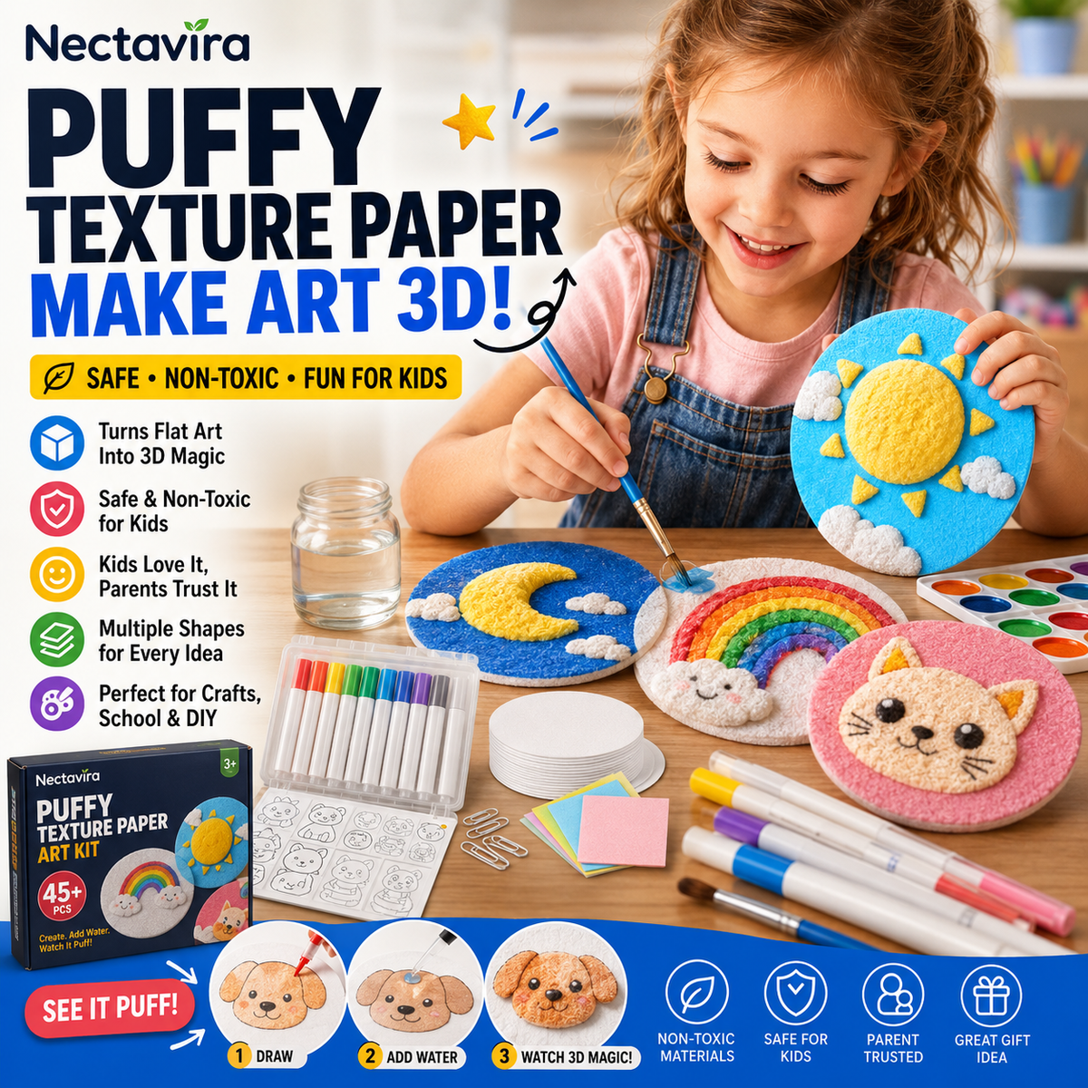 🎨 Nectavira® 3D Puffy Art Kit – Draw, Add Water & Watch It Puff!