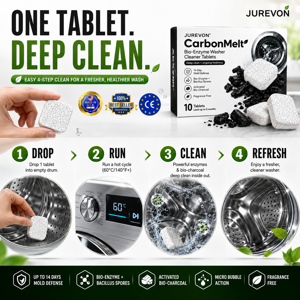 Jurevon® CarbonMelt Bio-Enzyme Washer Cleaner Tablets