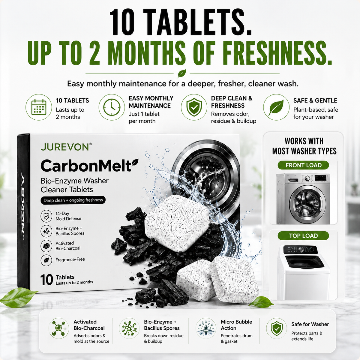 Jurevon® CarbonMelt Bio-Enzyme Washer Cleaner Tablets