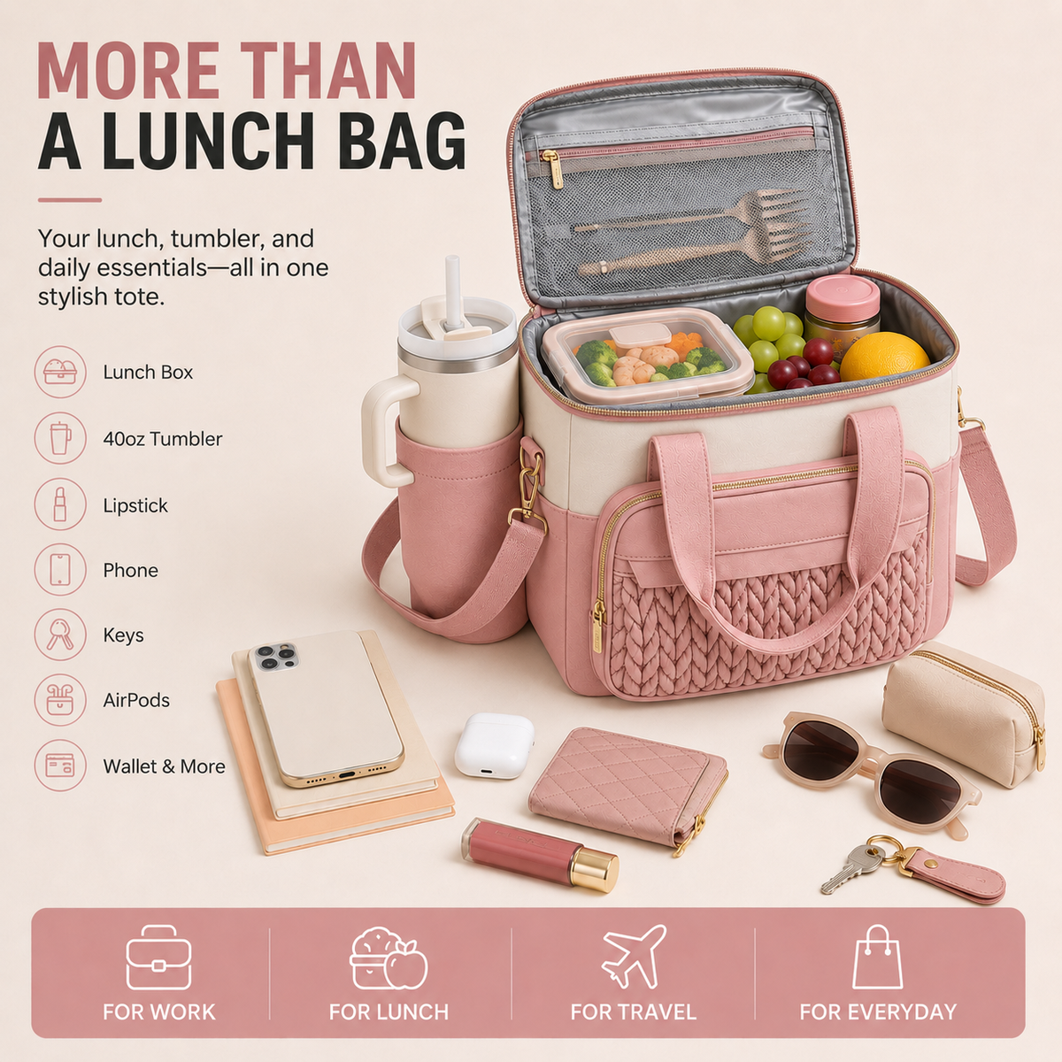 Stylish insulated lunch tote for lunch tumbler and everyday essentials