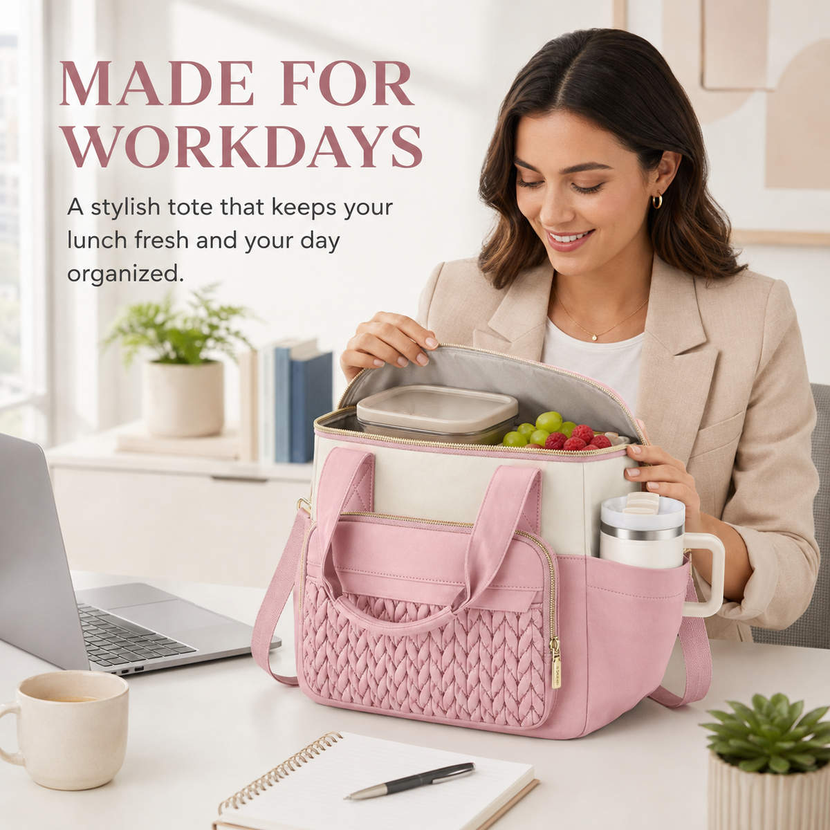 Women's insulated work lunch tote in an office setting