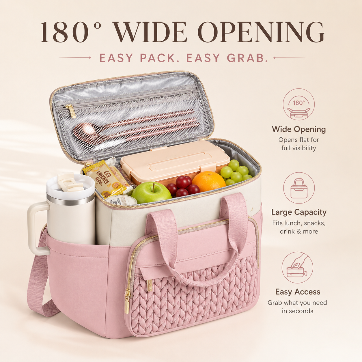 180 degree wide opening insulated lunch tote