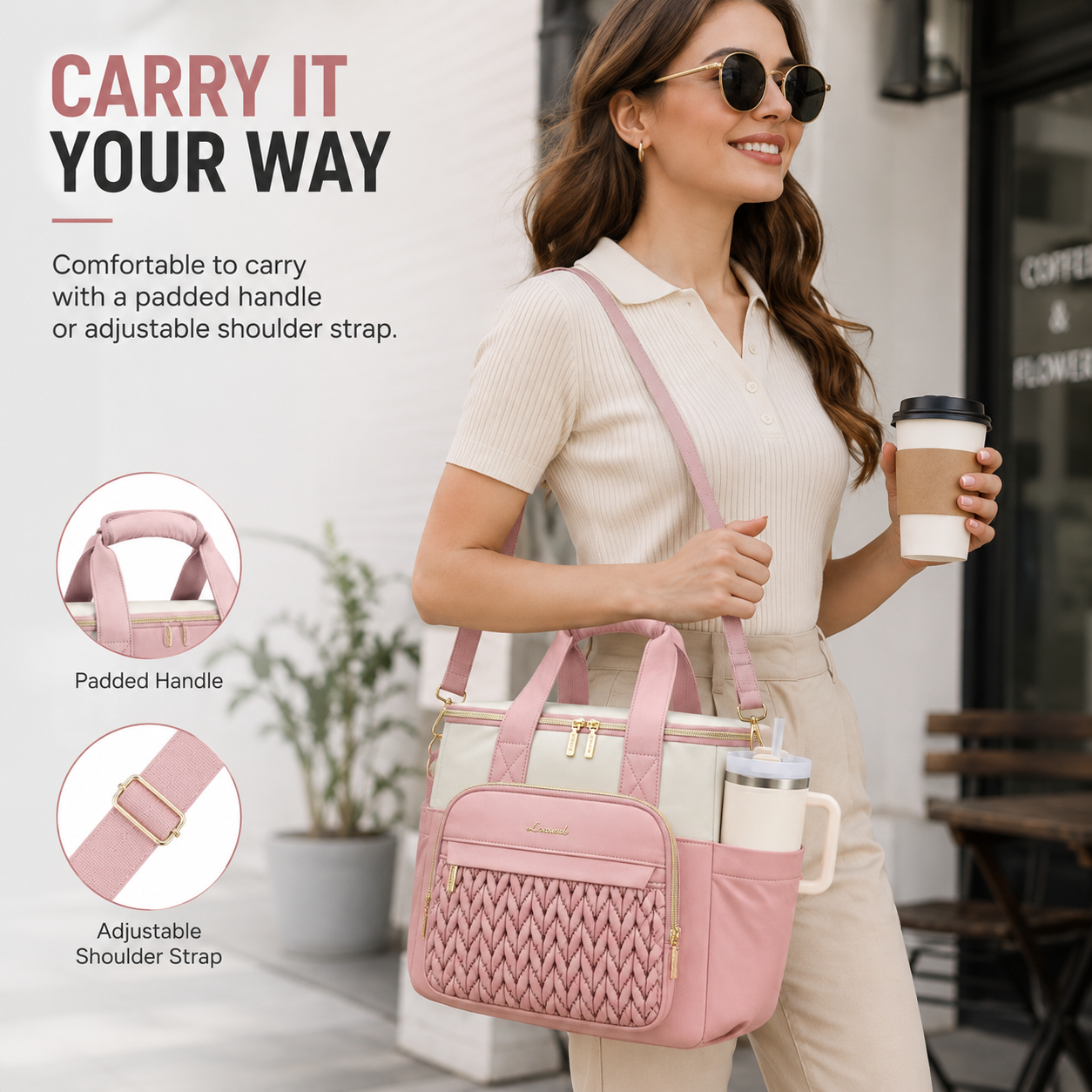 Women's lunch tote with padded handles and adjustable shoulder strap