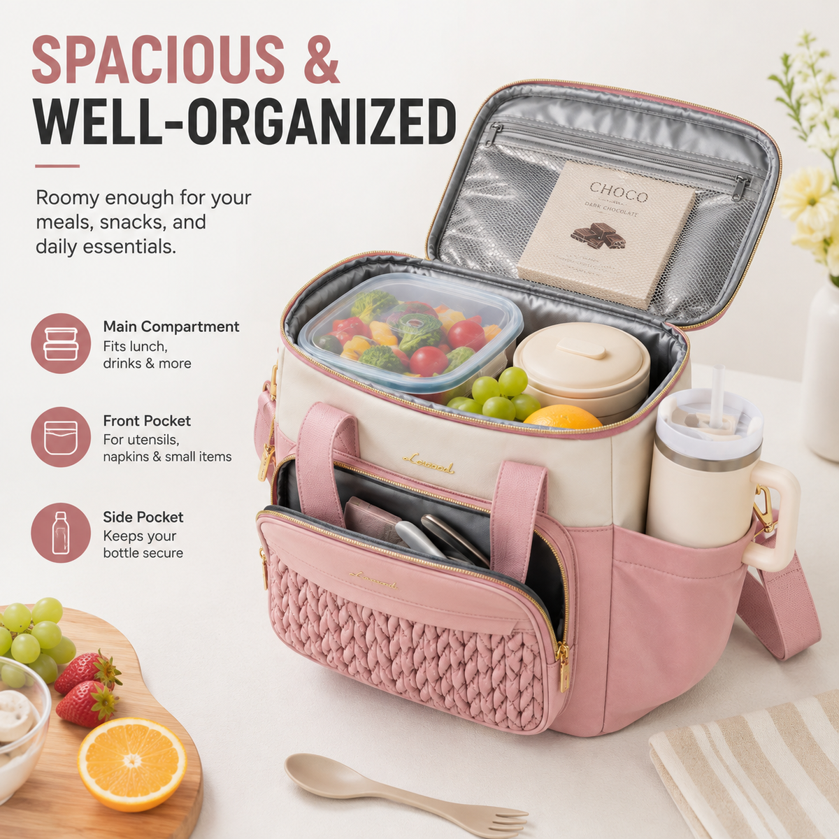 Spacious organized lunch tote with multiple storage compartments