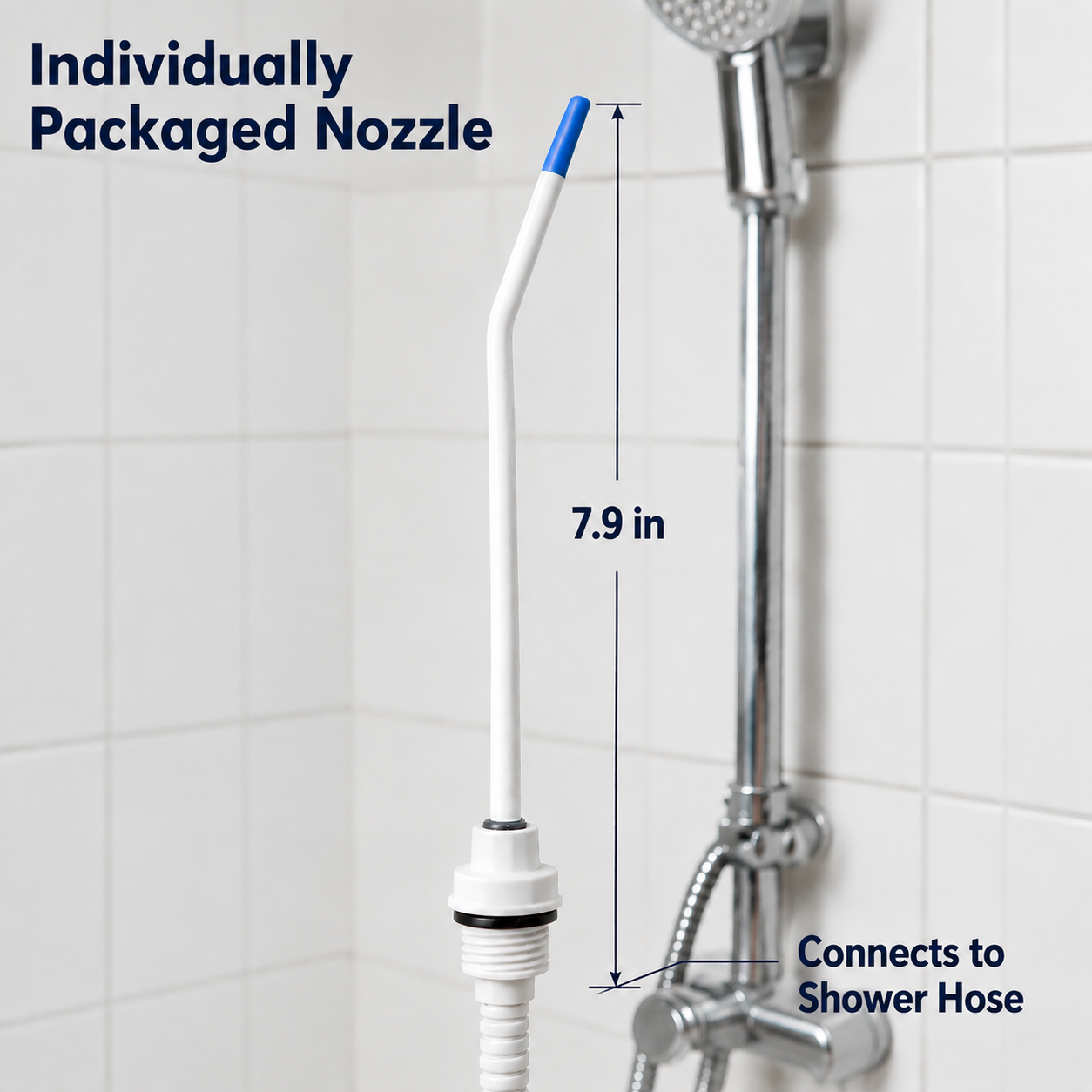 Jurevon cleaning nozzle showing 7.9 inch length and shower hose connection