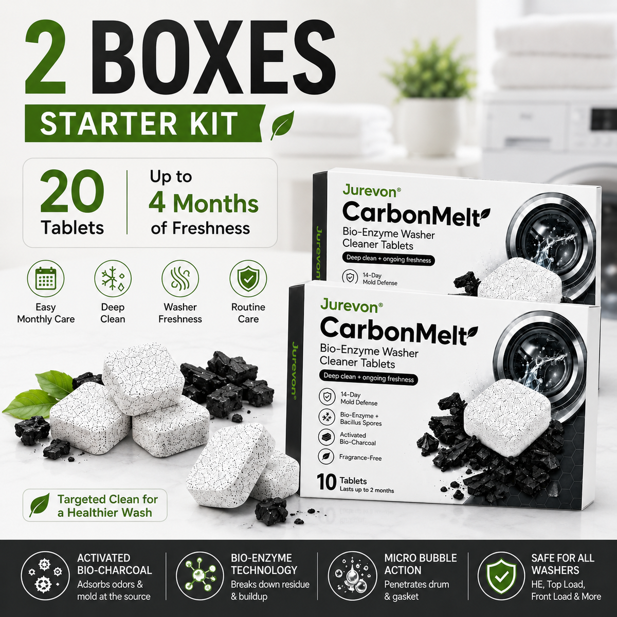 Jurevon® CarbonMelt Bio-Enzyme Washer Cleaner Tablets