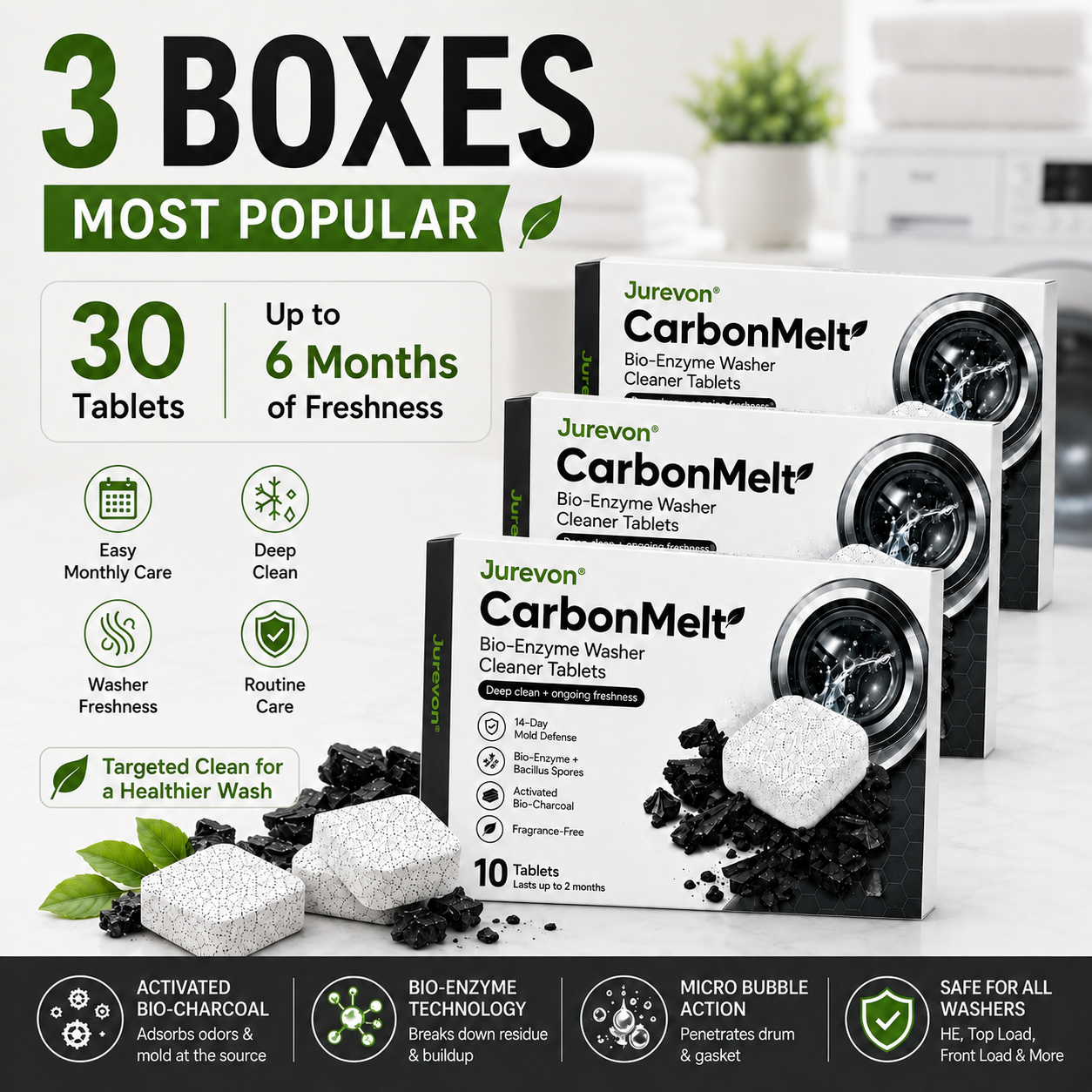 Jurevon® CarbonMelt Bio-Enzyme Washer Cleaner Tablets