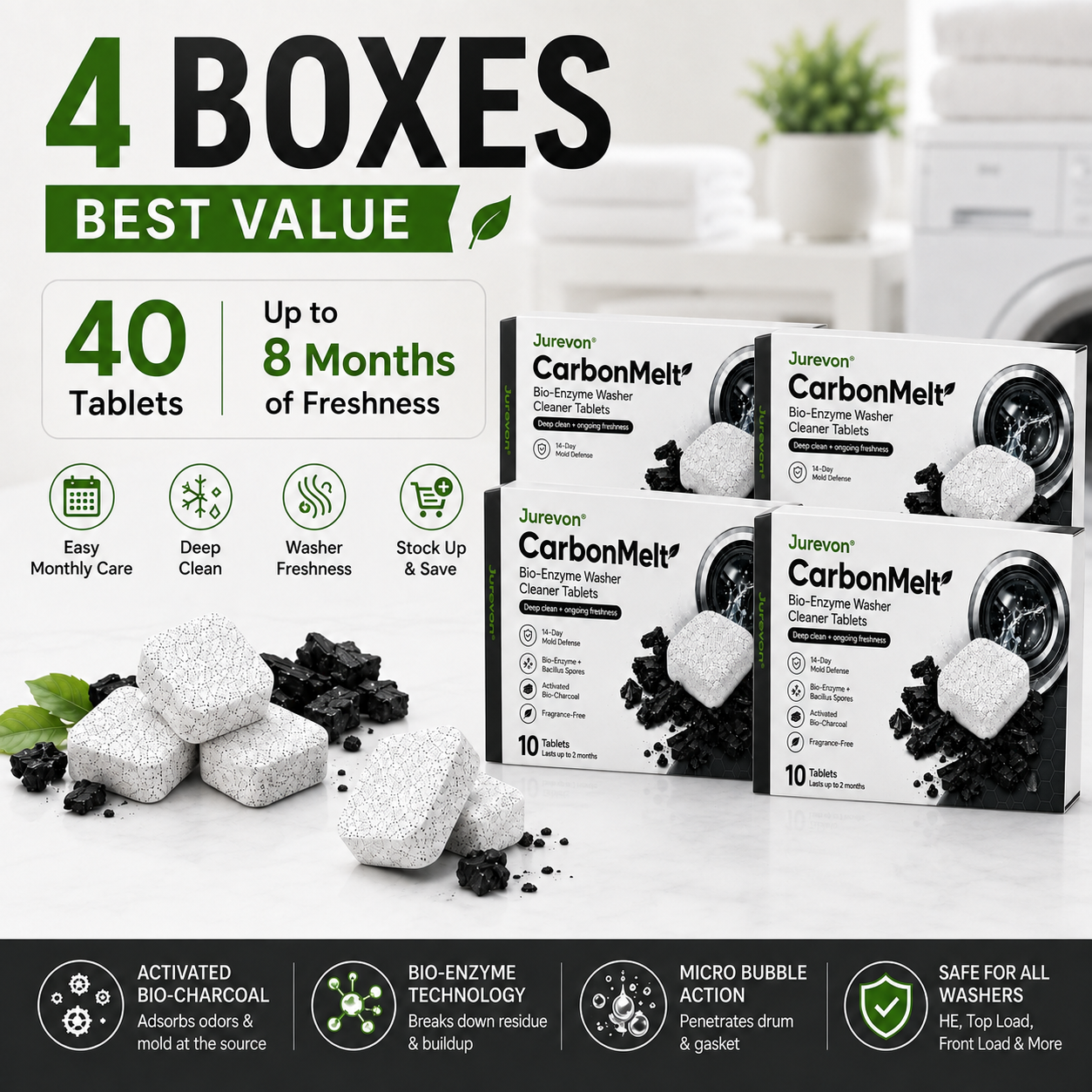 Jurevon® CarbonMelt Bio-Enzyme Washer Cleaner Tablets