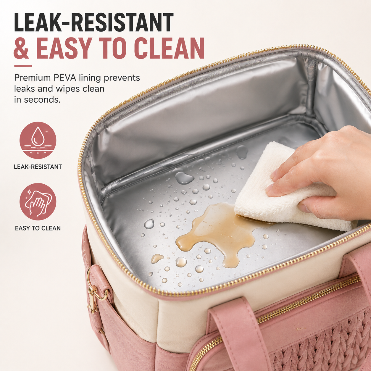 Leak-resistant easy-clean insulated lunch tote interior