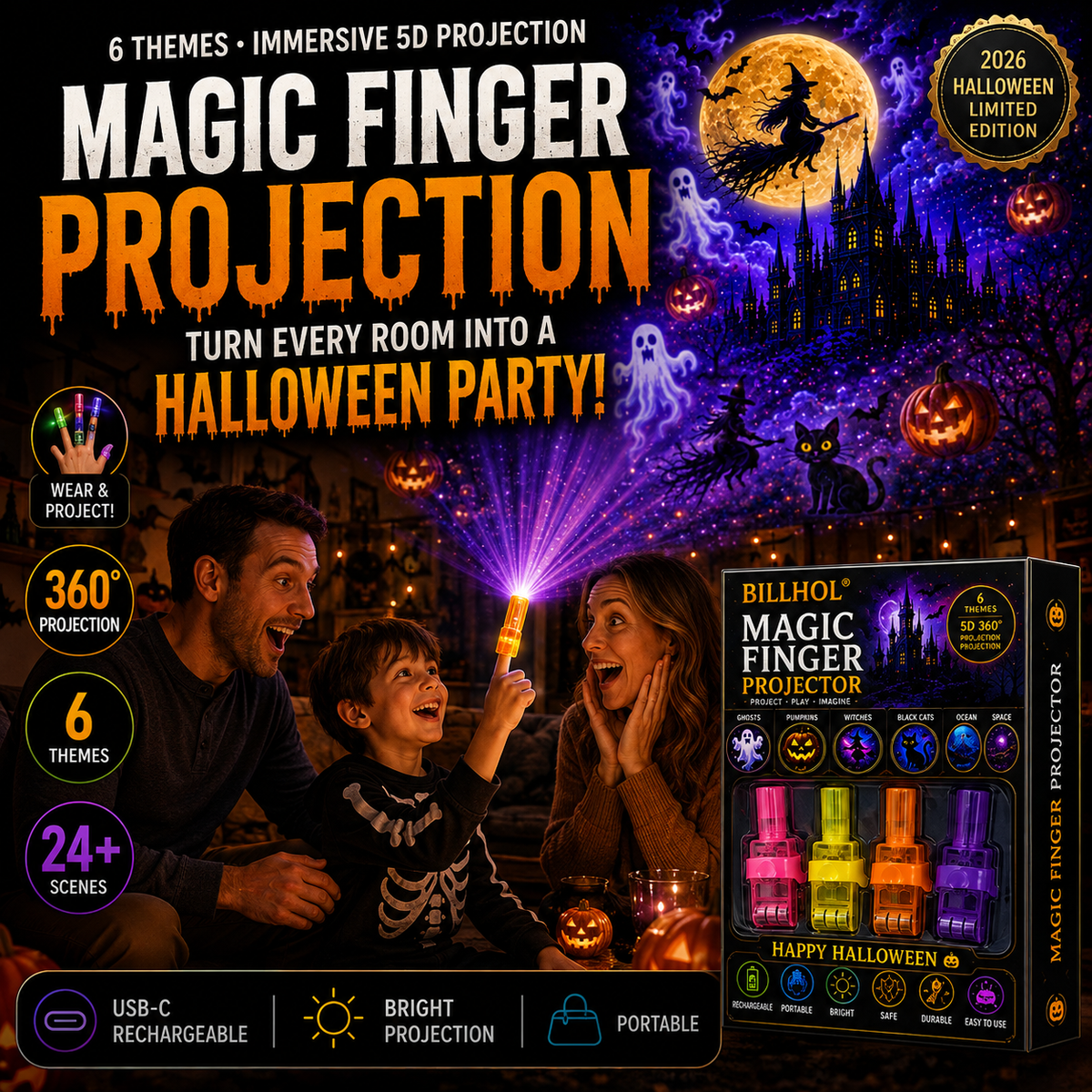 Jurevon® 2026 Halloween Magic Finger Projector – 24+ Spooky Scenes · 6 Magical Worlds