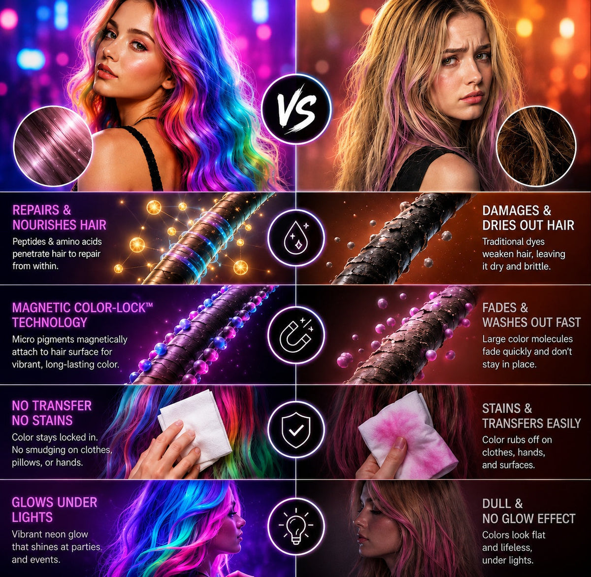 GarageLine® UV-Reactive Temporary Hair Chalk — Instant Color by Day, Glow Under Party Lights
